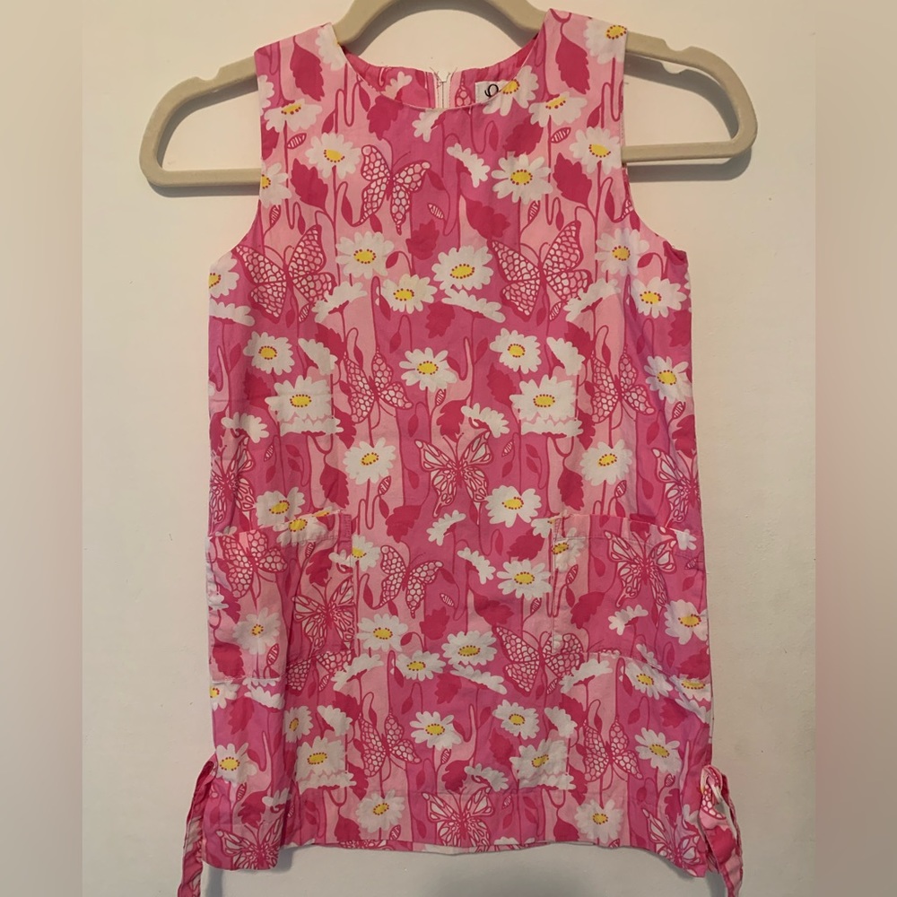 Lilly Pulitzer - Girls Shift Dress -Pink White -Daisy Butterfly Pockets - Size 7